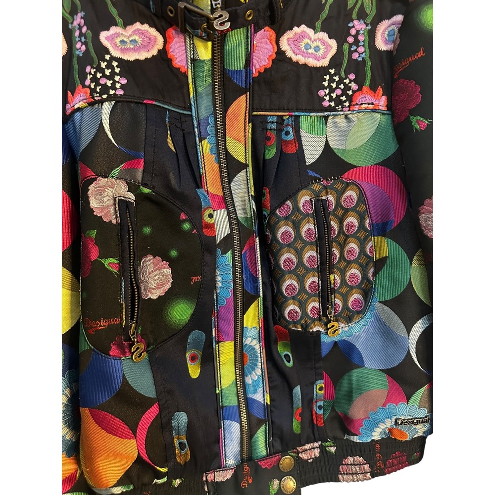 Desigual Jacket W. 40 Black Multi Color Floral Embroidered Moto Bomber Full Zip - Picture 8 of 13
